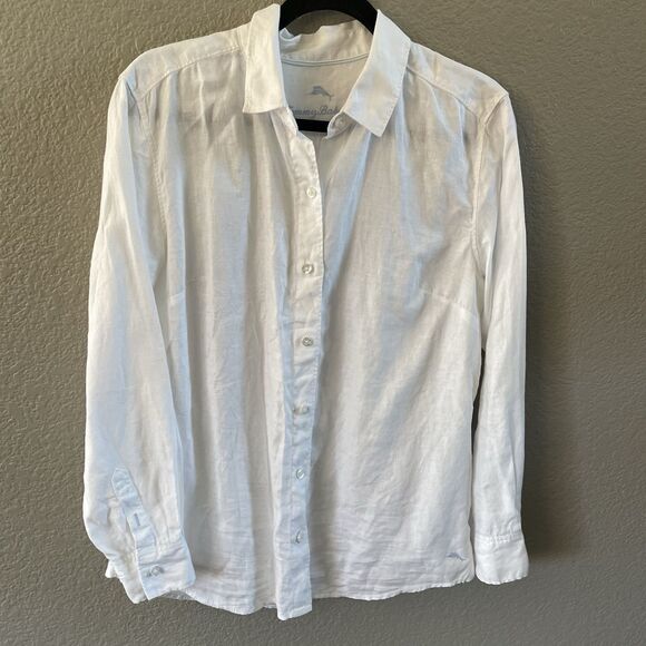 Tommy Bahama Shirt Womens Medium White Linen Button Up Long Sleeve Beach Coastal - Picture 1 of 9